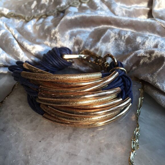 SAACHI BLUE Suede Bracelet Gold Banded! - Picture 1 of 16
